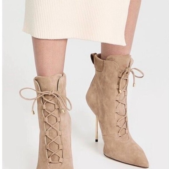 Good American Shoes - Good American Suede Lace-Up Stiletto Ankle Boots color Stone